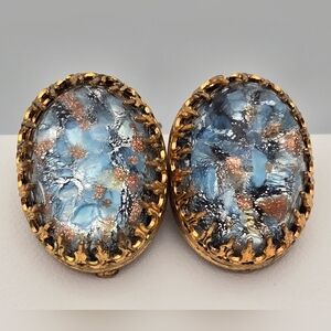 Vintage Blue & Gold Oval Clip-On Earrings Antique